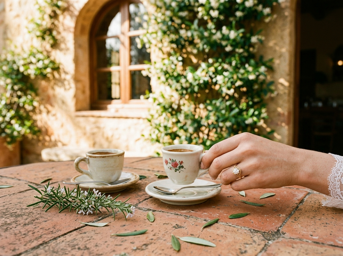 Espresso cups on a Mediterranean café table