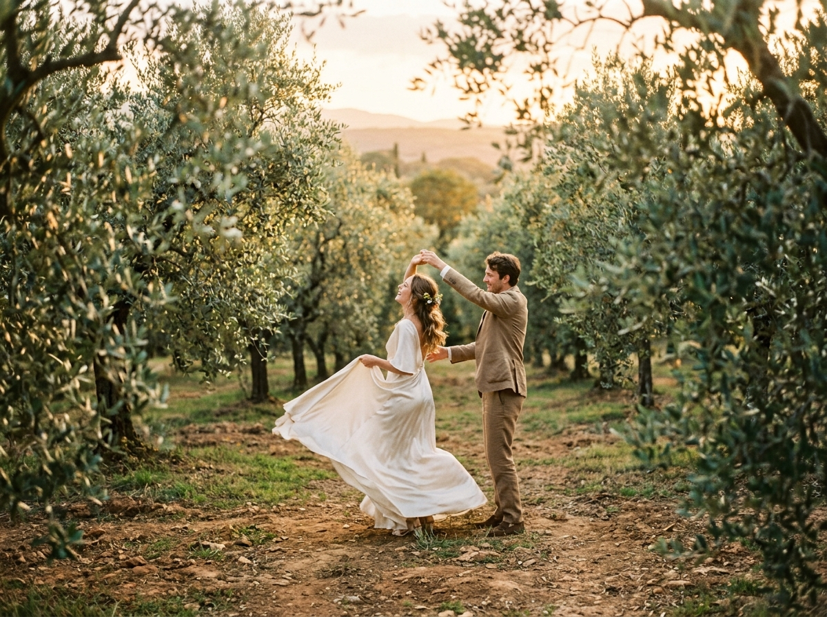 Couple dancing in an olive grove at golden hour