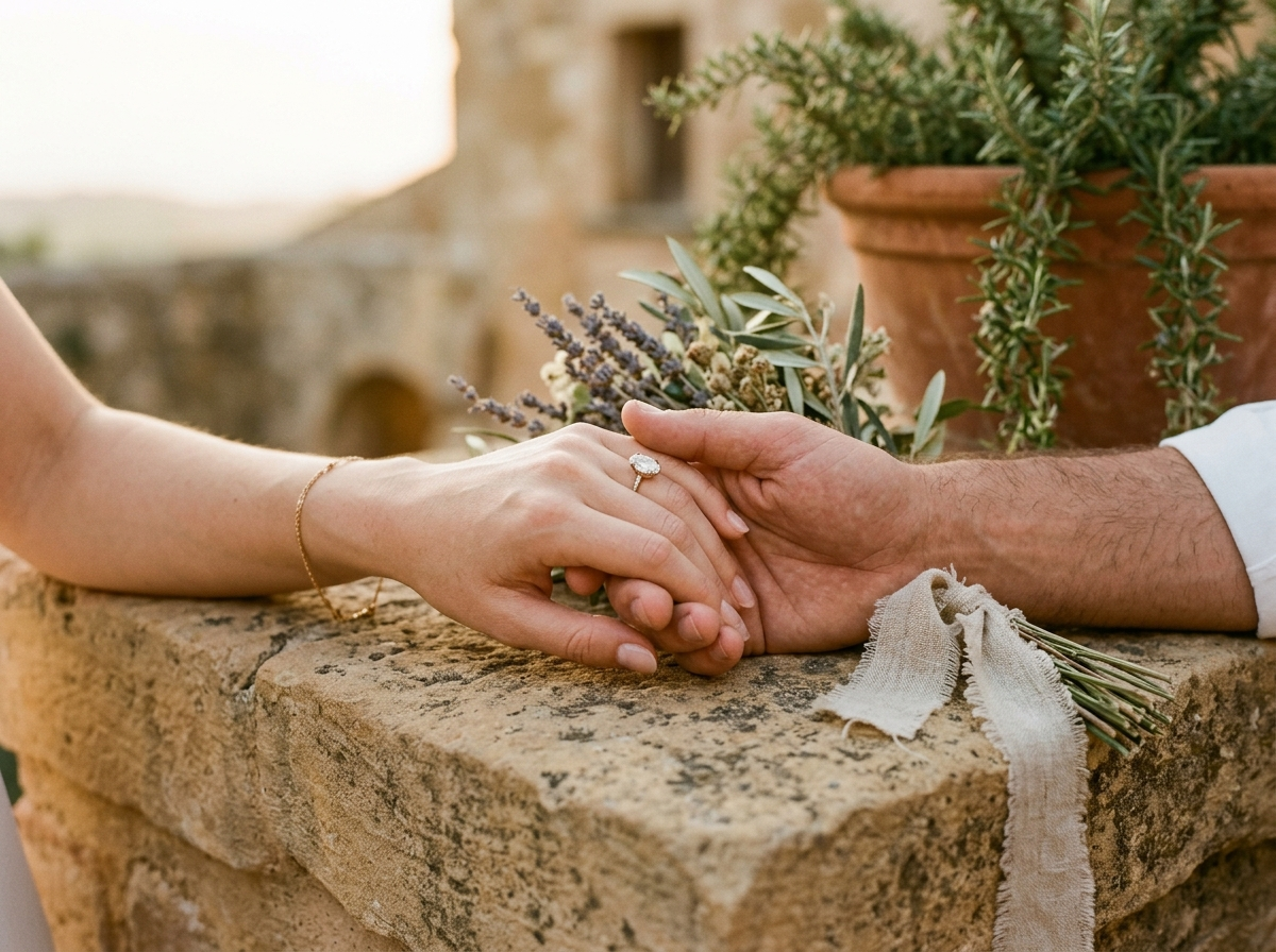 Intertwined hands with engagement ring among lavender